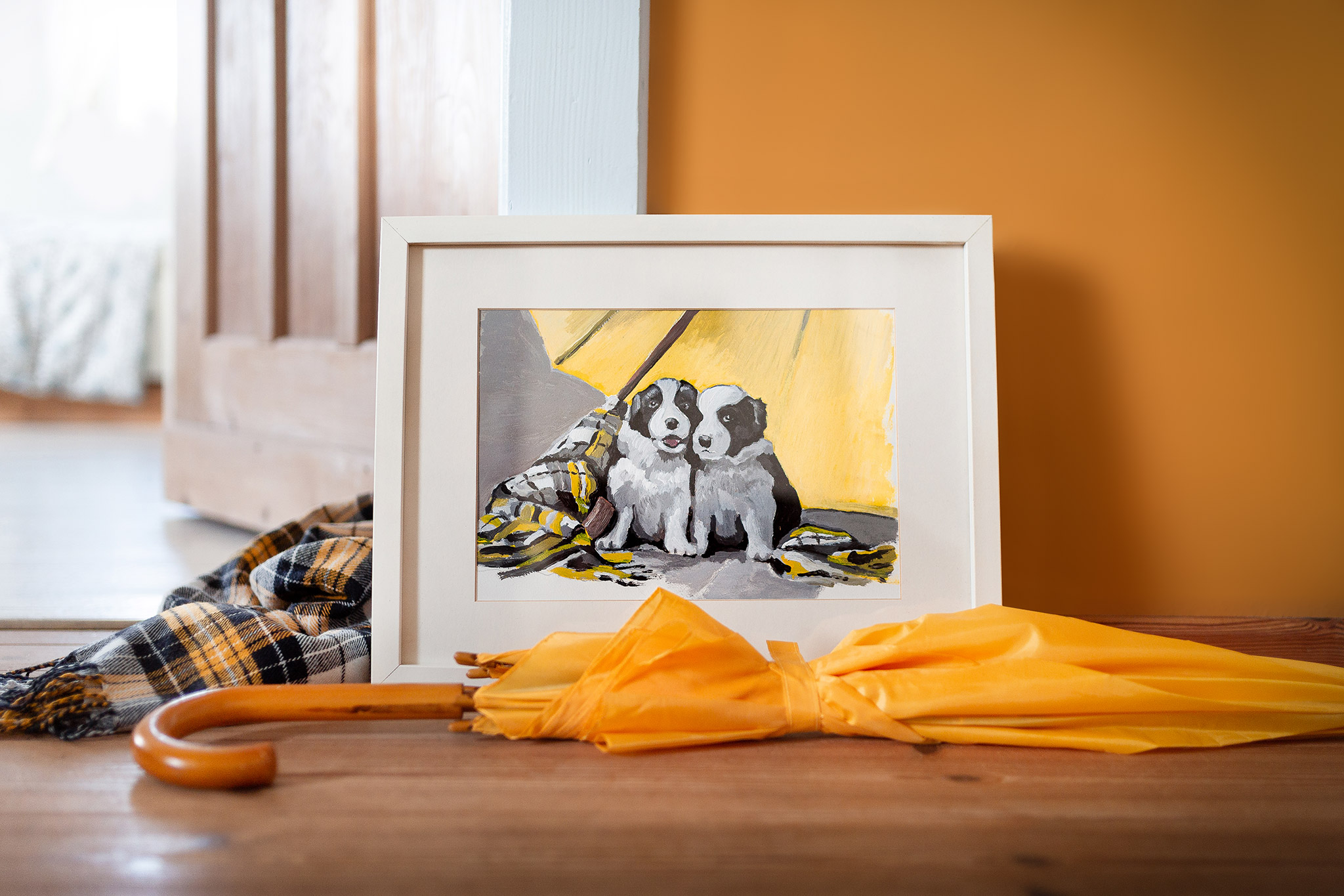 Acrylgemälde von zwei Border Collie Welpen unter einem Regenschirm