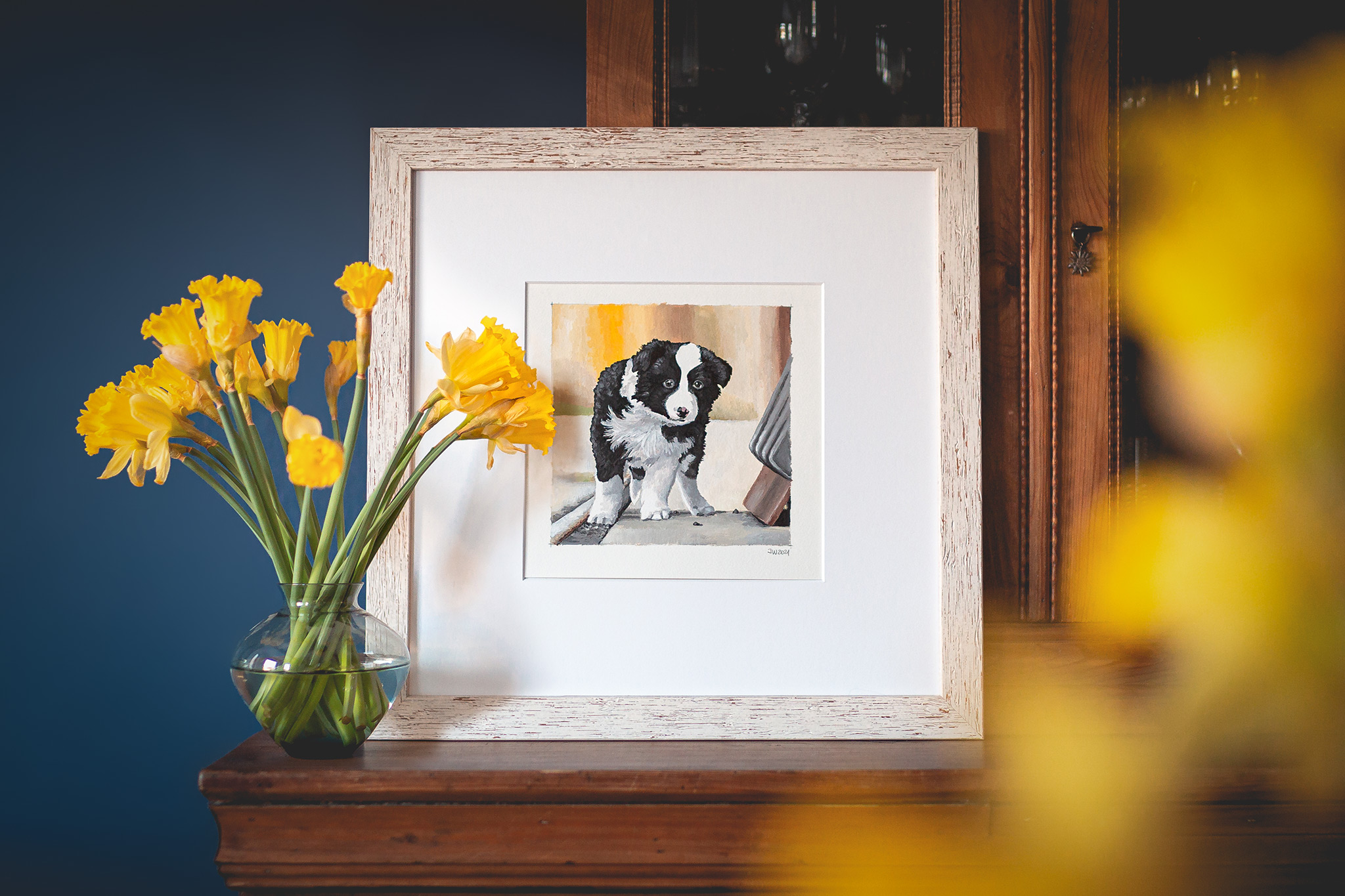 Acrylgemälde Border Collie Welpe, gelbe Narzissen