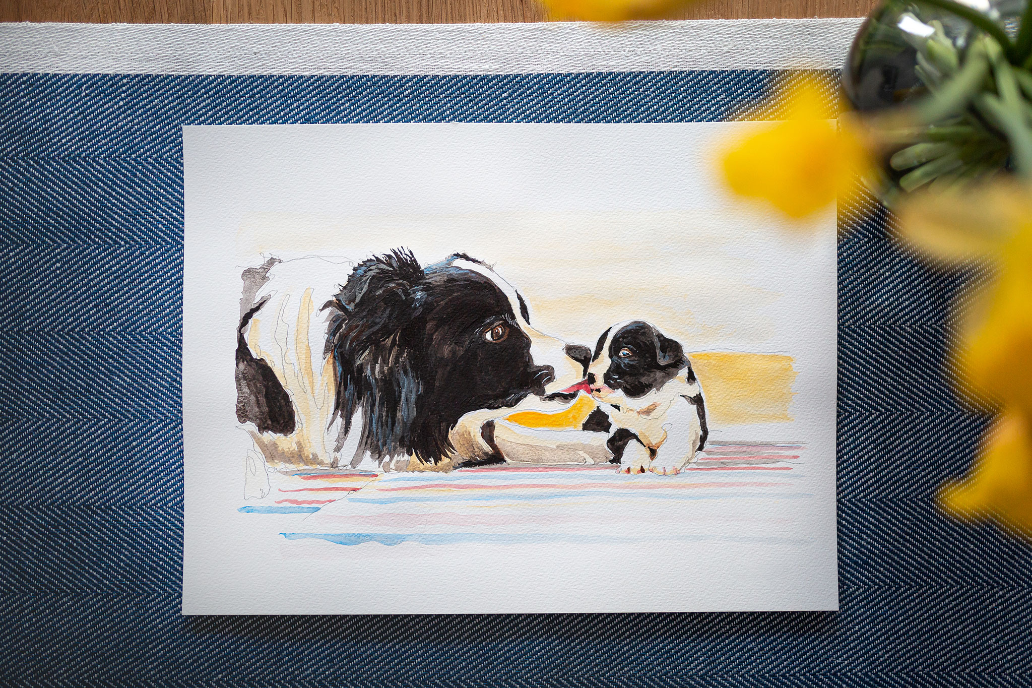 Aquarell Border Collie, Hündin mit Welpen