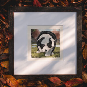 Gerahmtes Acrybild eines Border Collie Welpen im bunten Herbstlaub