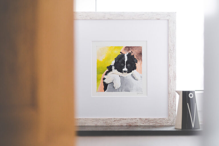 Gerahmtes Acrylgemälde eines schwarz-weißen Border Collie Welpen