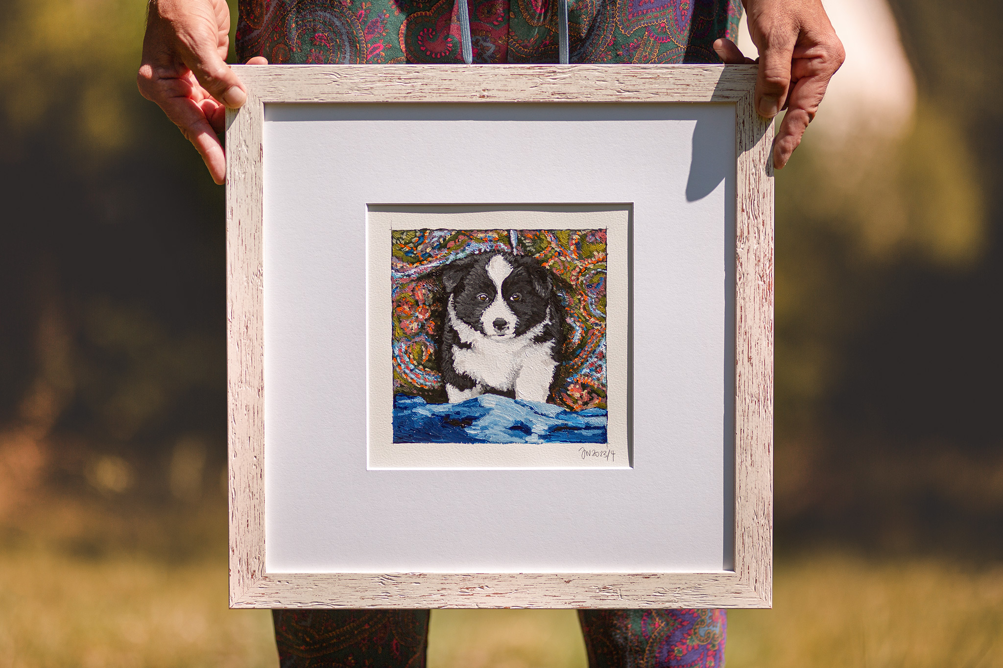 Gerahmtes Acrylgemälde eines Border Collie Welpen