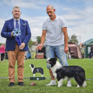 Richter Szolt Bíró aus Ungarn mit einer schwarz-weißen Border Collie Hündin auf der CAC Vierkirchen 2023