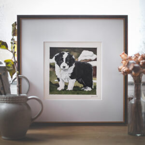 Acrylgemälde eines schwarz-weißen Border Collie Welpen