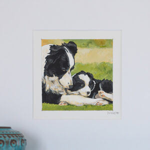 Acrylgemälde einer schwarz-weißen Border Collie Hündin und eines Welpen