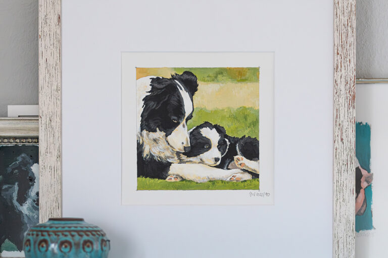 Acrylgemälde einer schwarz-weißen Border Collie Hündin und eines Welpen