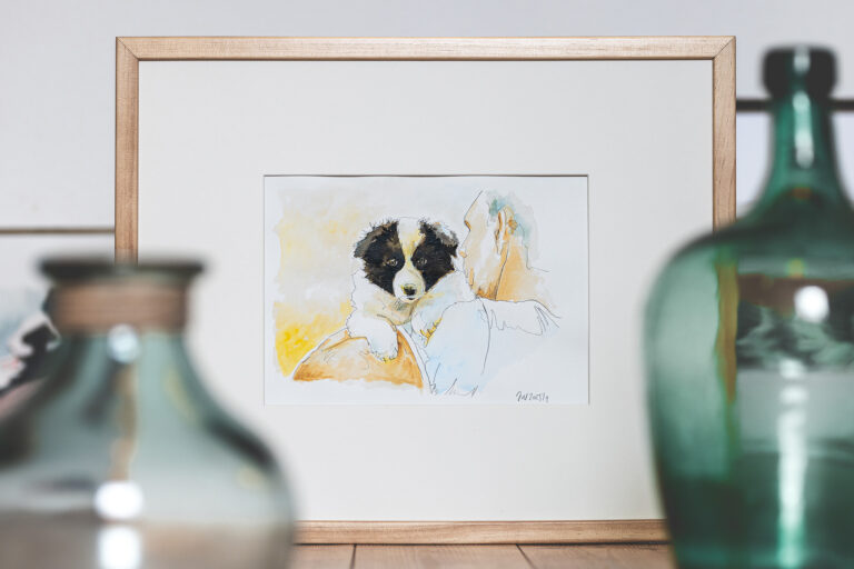 Aquarell eines schwarz-weißen Border Collie Welpen