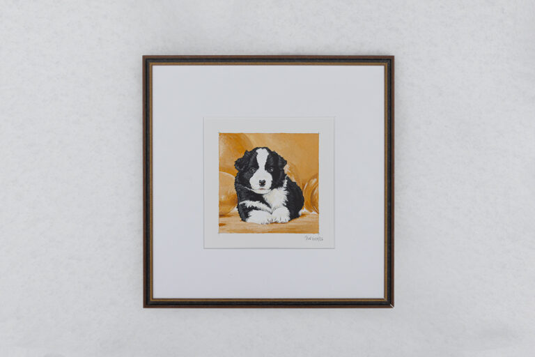 Acrylgemälde eines Border Collie Welpen im Schnee