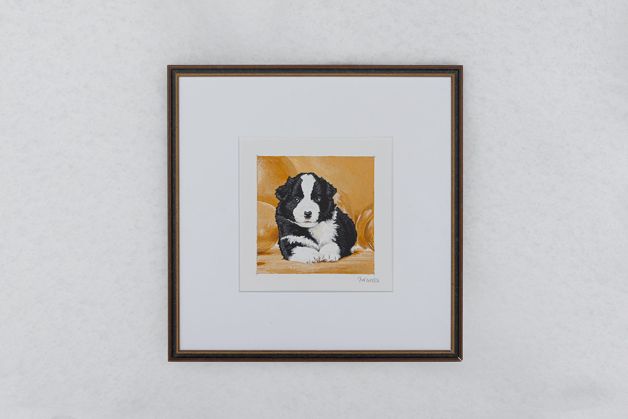 06|01|2026 – Unser J-Wurf feiert seinen 2. Geburtstag Acrylgemälde eines Border Collie Welpen im Schnee