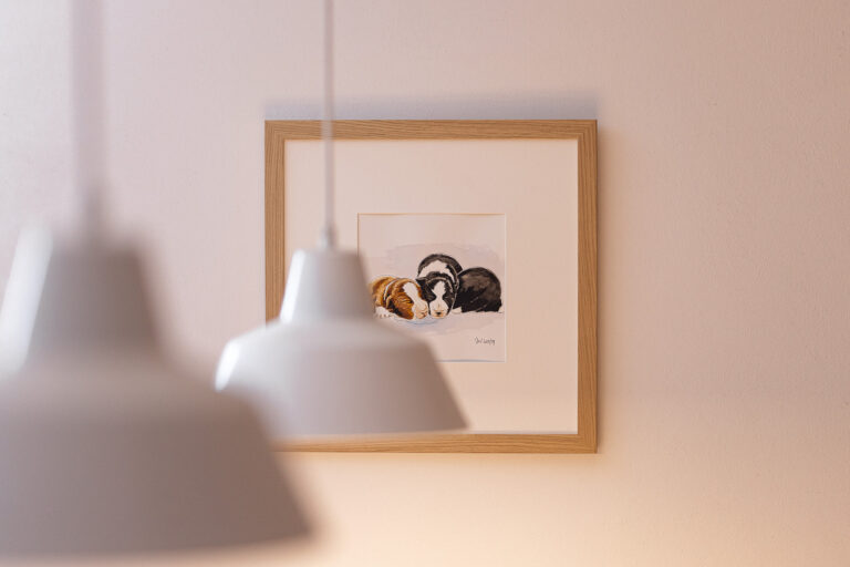 Gerahmtes Aquarell von drei Border Collie Welpen