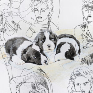 Aquarellierte Bleistiftzeichnung aus einem Skizzenbuch, die drei Border Collie Welpen und verschiedene Portraits der Sängerin Madonna zeigt