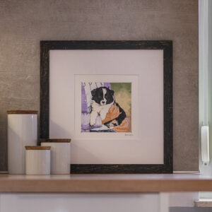 Gerahmte Zeichnung eines Border Collie Welpen