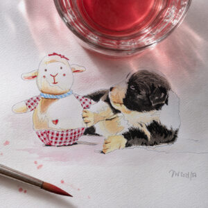 Aquarellierte Bleistiftzeichnung eines Border Collie Welpen